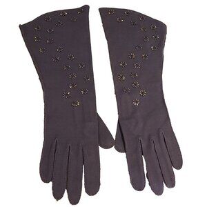 Vintage Size 6.5 M Brown Gold Flower Beaded Stretch 13.5" Formal Gloves